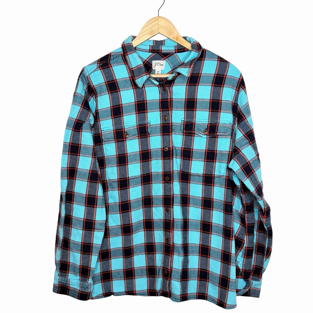 J Crew Shirt Jacket Teal Plaid Flannel Womens 3X Shacket Heavyweight Cotton
